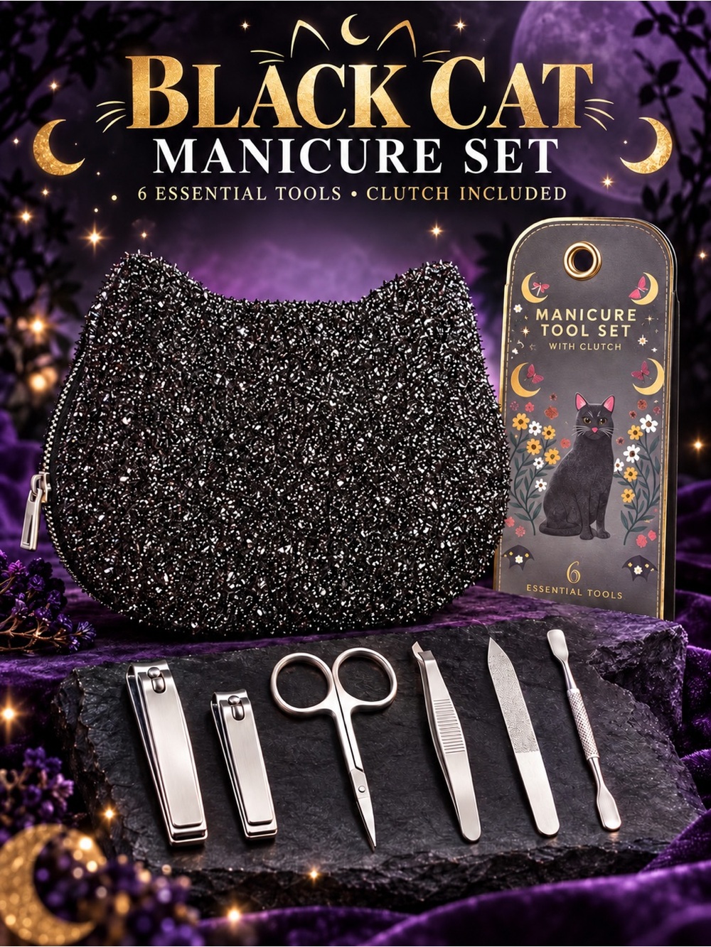 Black Cat Black Glitter Manicure Set with Clutch